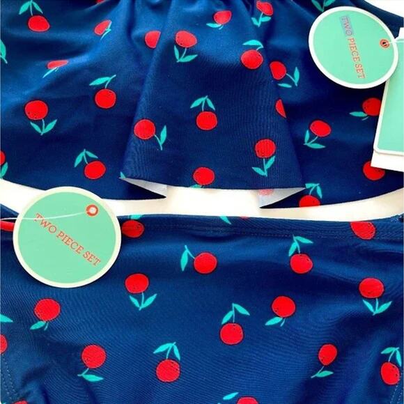 KIDS GIRLS Navy Blue & Red Cherry Print Bikini Swimsuit SET โ Girls 14 - Picture 2 of 5